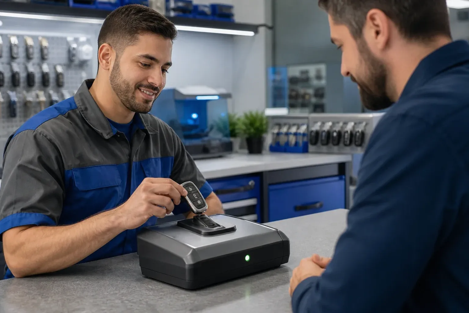 Chaveiro ajustando a programação de um controle remoto de automóvel.