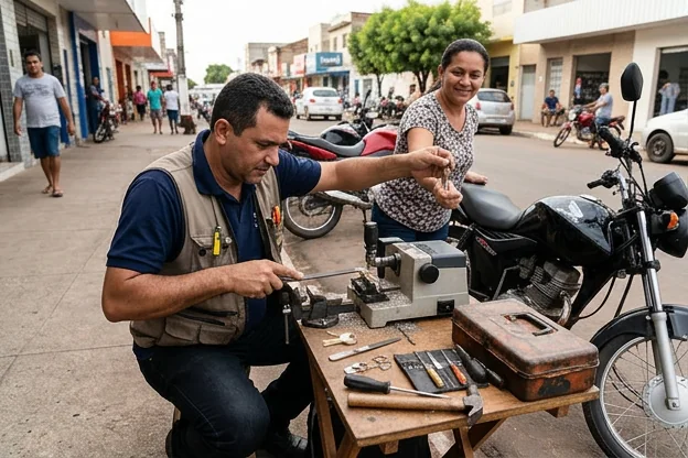 Chaveiro em ação, executando serviços de chaveiro com várias ferramentas ao redor.