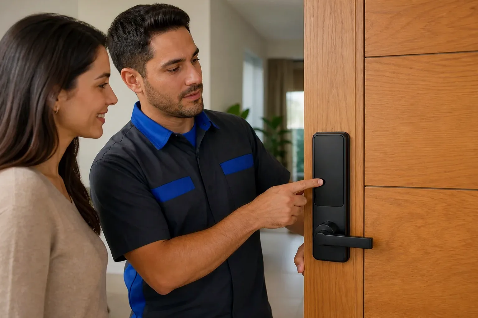 Chaveiro fixando uma fechadura digital em uma porta, com atenção aos detalhes técnicos.