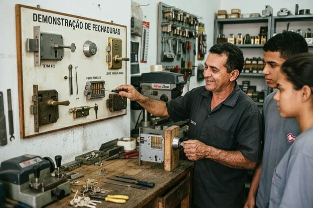 Chaveiro mostrando e explicando diferentes modelos de fechaduras para clientes.