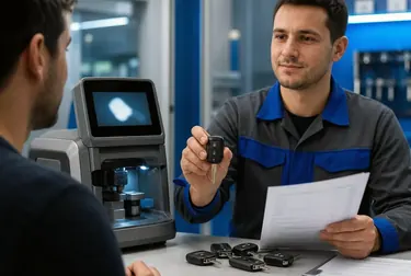 Chaveiro trabalhando na produção de uma chave codificada em sua loja.