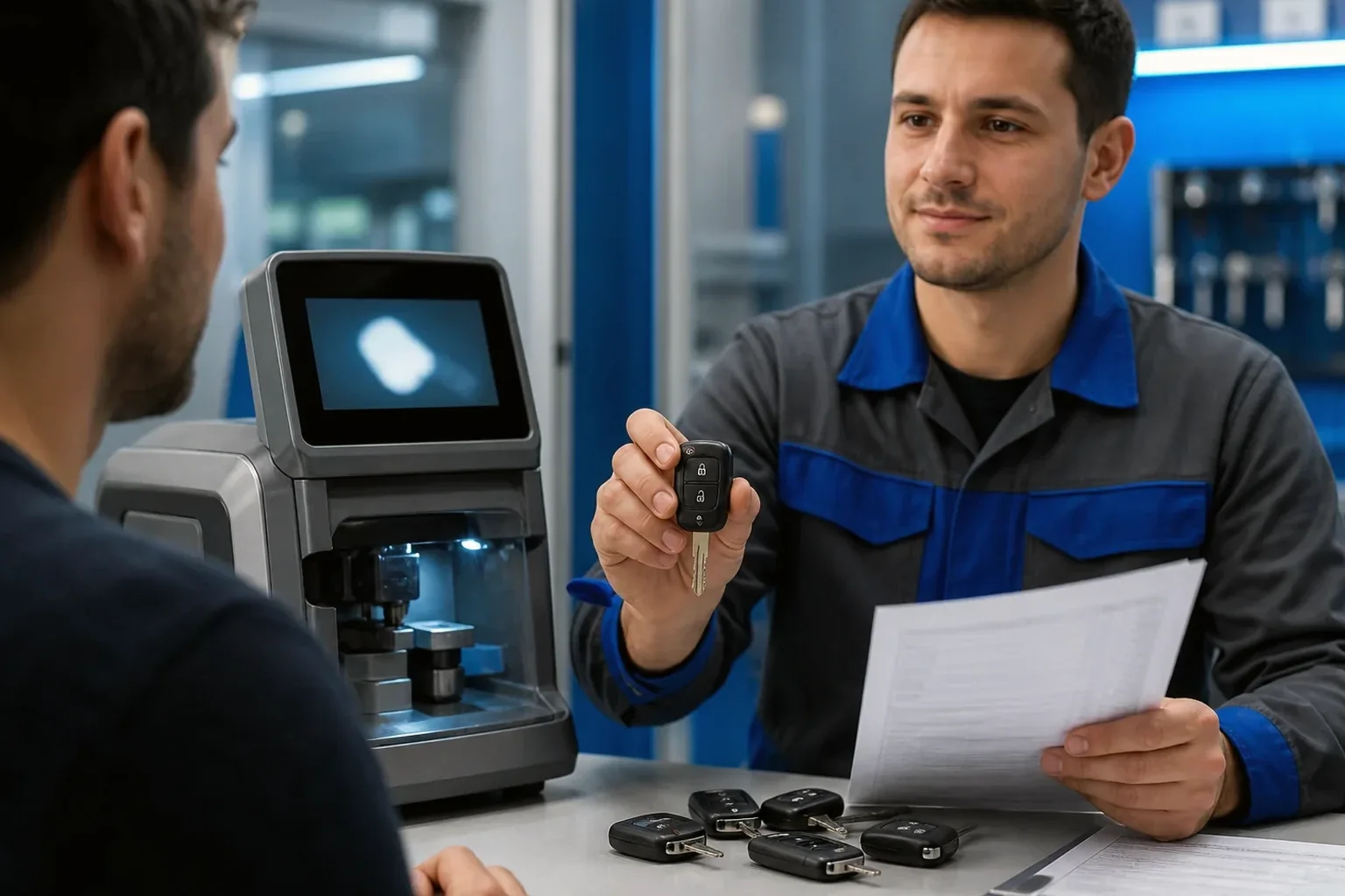 Chaveiro trabalhando na produção de uma chave codificada em sua loja.