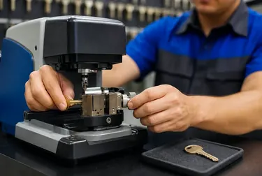 Chaveiro utilizando uma máquina para copiar chaves com exatidão.